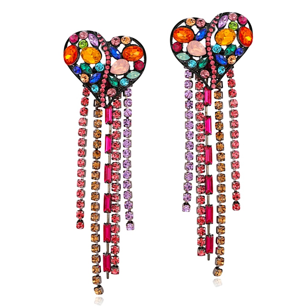 Rhinestone Heart Fringe Statement Earring - Picture 2 of 3